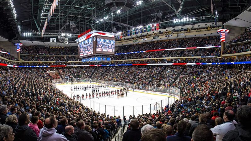 A hockey game in a full arena