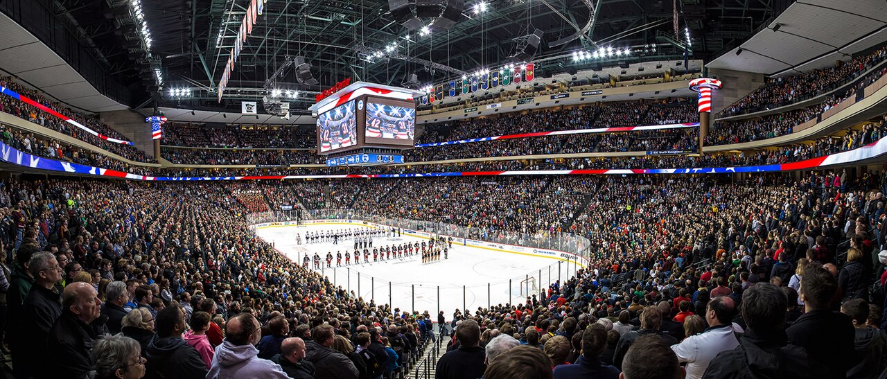 A hockey game in a full arena