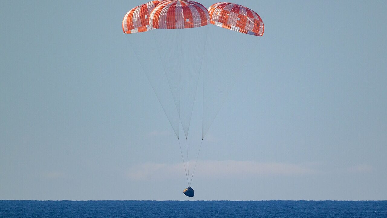 The Orion capsule floating in the Pacific during recovery operations