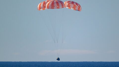 The Orion capsule floating in the Pacific during recovery operations