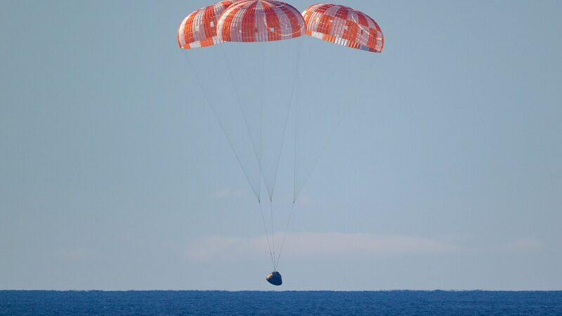 The Orion capsule floating in the Pacific during recovery operations