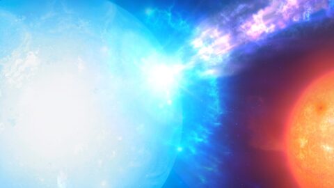 Artistu2019s impression of an explosion on the surface of a white dwarf star