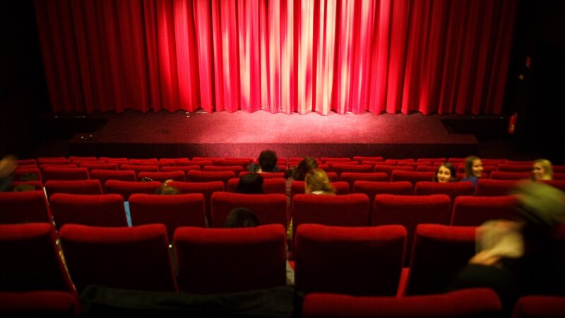 Rows of seats inside a cinema auditorium facing the screen