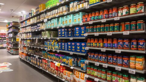 Shelves of goods inside a supermarket