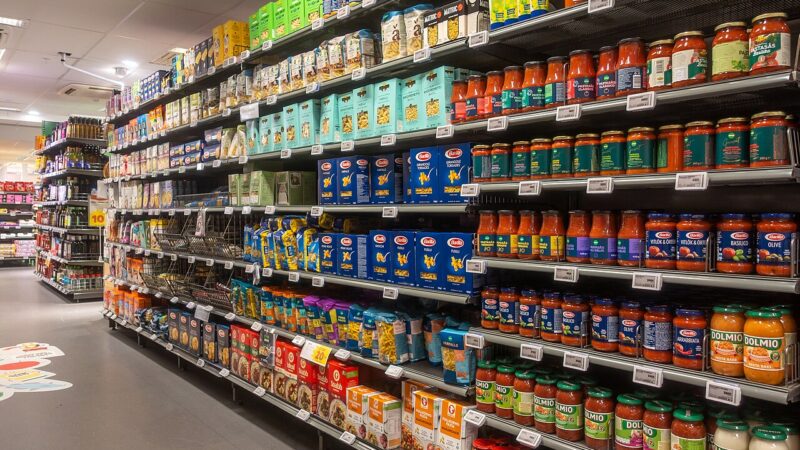 Shelves of goods inside a supermarket