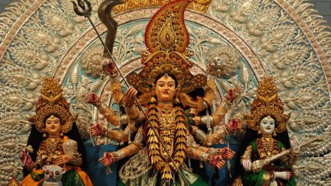 A decorated Durga idol at a festival pandal