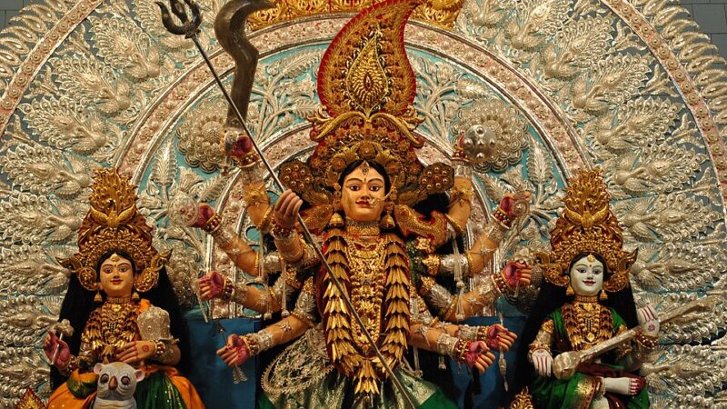 A decorated Durga idol at a festival pandal