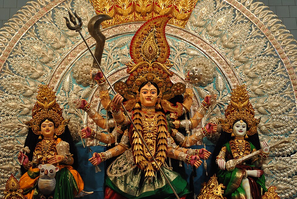 A decorated Durga idol at a festival pandal