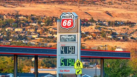Fuel price sign at a Phillips 66 gas station in the United States