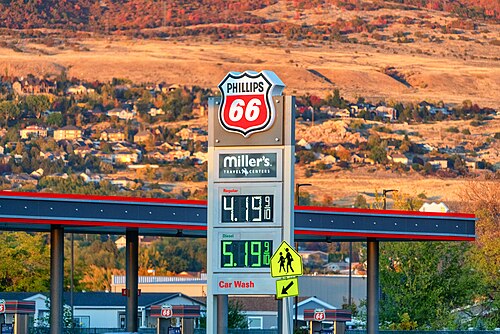 Fuel price sign at a Phillips 66 gas station in the United States