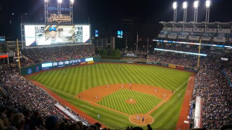 Progressive Field stadium in Cleveland lit up at night