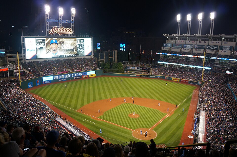 Progressive Field stadium in Cleveland lit up at night
