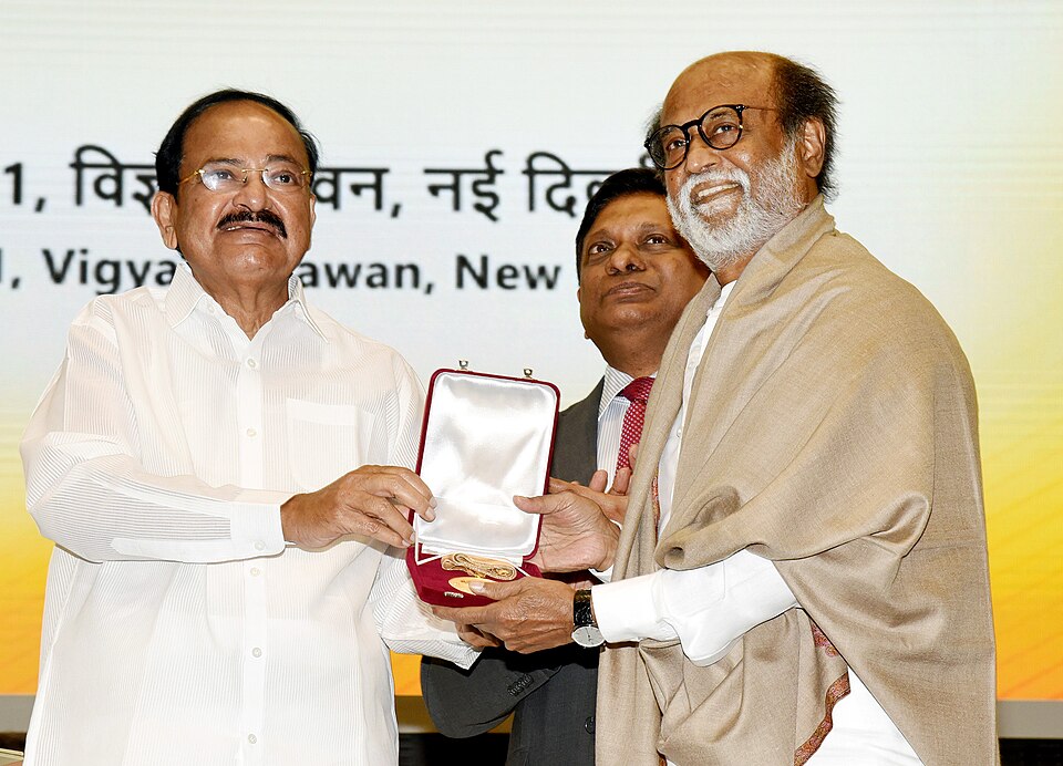 Rajinikanth receiving the Dadasaheb Phalke Award at a ceremony