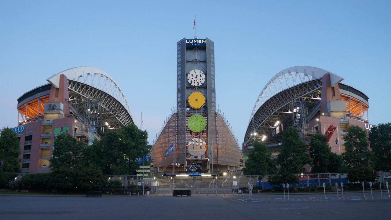 Lumen Field stadium in Seattle at dusk, home of the Seahawks