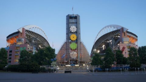 Lumen Field stadium in Seattle at dusk, home of the Seahawks