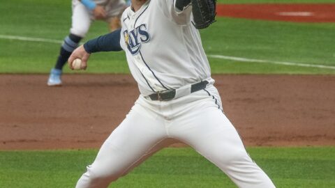 Tampa Bay Rays pitcher Drew Rasmussen delivering a pitch