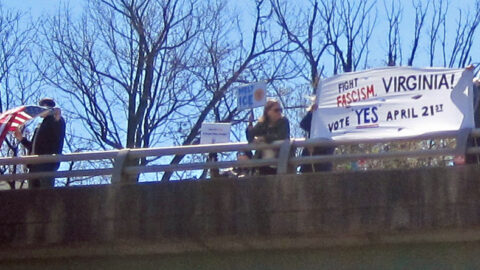 No Kings protesters with banners on a bridge in Arlington Virginia