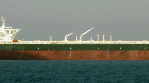 Oil supertanker sailing at sea