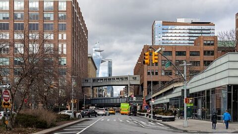 Street view at 10th Avenue and 14th Street in Manhattan, New York City